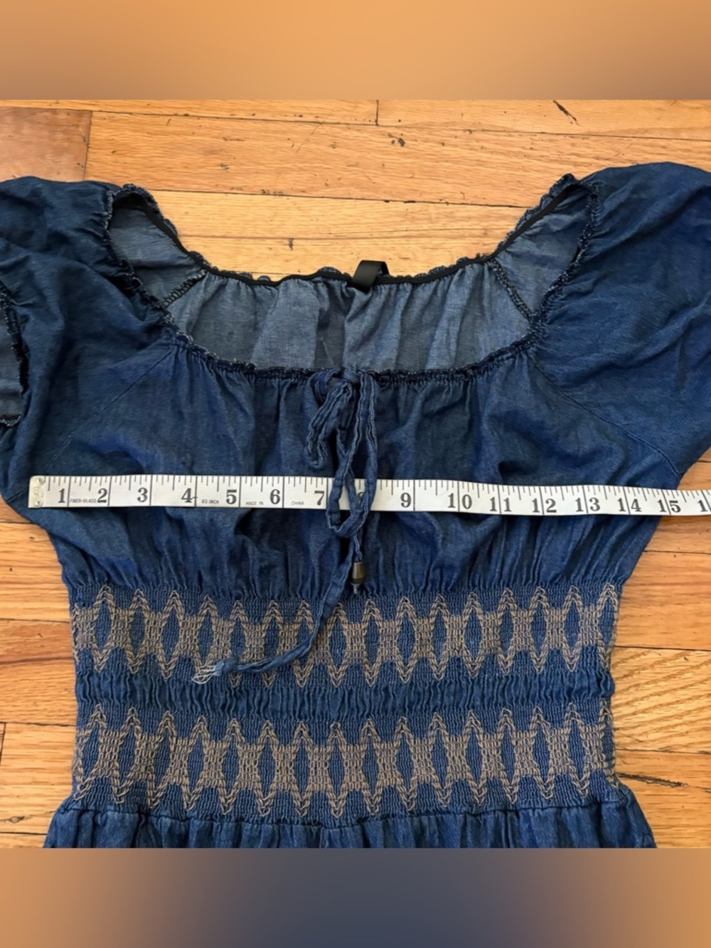 Indigo & Lace Denim Jumpsuit Smocked Off Shoulder Cropped Wide Leg Boho Medium - Picture 2 of 7